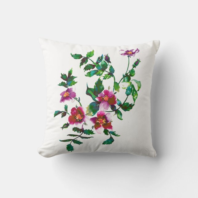 Elegant modern watercolor dark pink wildflowers cushion (Front)