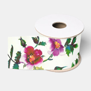 Elegant modern watercolor dark pink wildflowers grosgrain ribbon