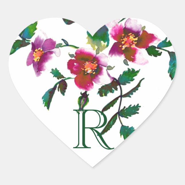 Elegant modern watercolor dark pink wildflowers heart sticker (Front)