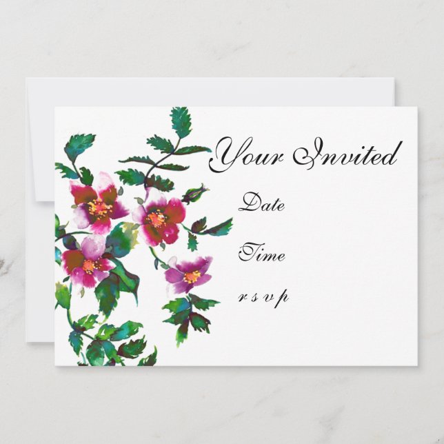 Elegant modern watercolor dark pink wildflowers invitation (Front)