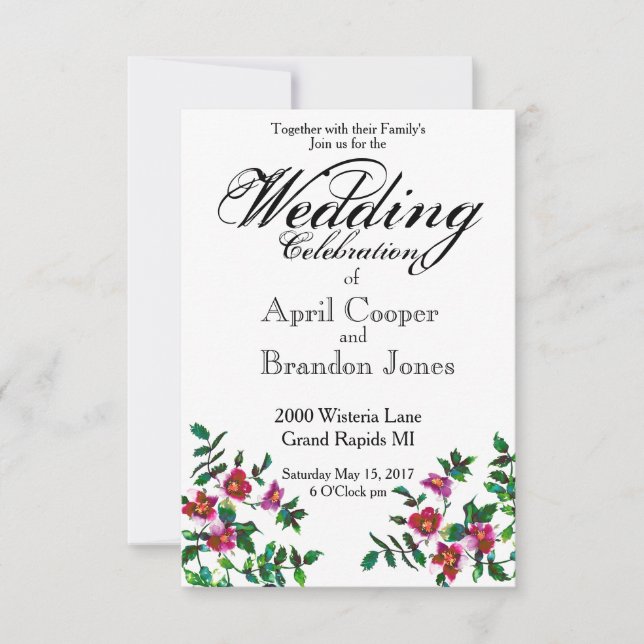 Elegant modern watercolor dark pink wildflowers invitation (Front)