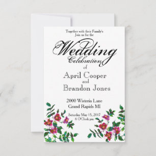 Elegant modern watercolor dark pink wildflowers invitation
