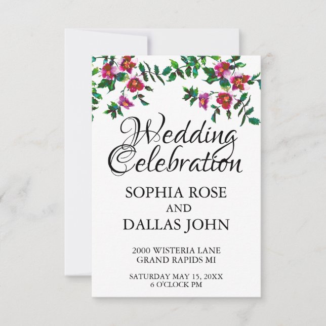 Elegant modern watercolor dark pink wildflowers invitation (Front)