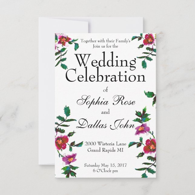 Elegant modern watercolor dark pink wildflowers invitation (Front)