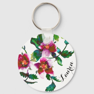 Elegant modern watercolor dark pink wildflowers key ring