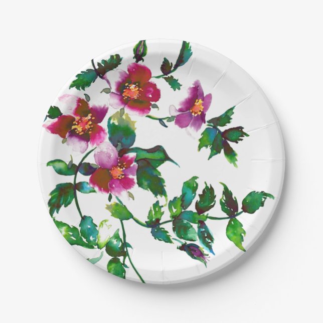 Elegant modern watercolor dark pink wildflowers paper plate (Front)