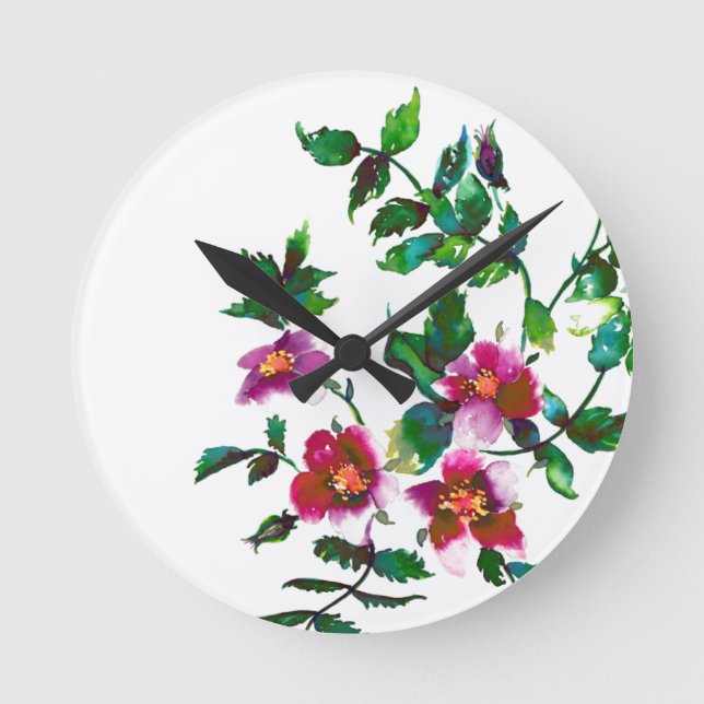 Elegant modern watercolor dark pink wildflowers round clock (Front)