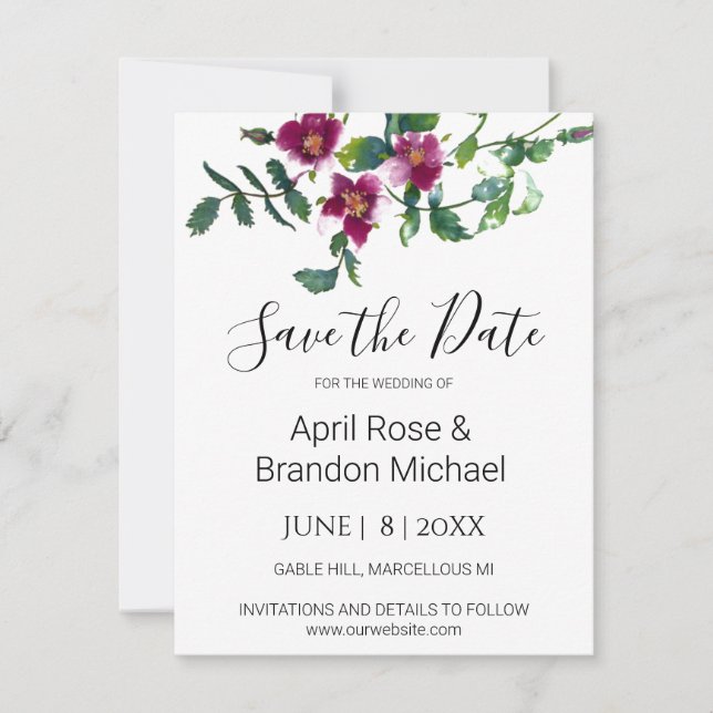 Elegant modern watercolor dark pink wildflowers save the date (Front)