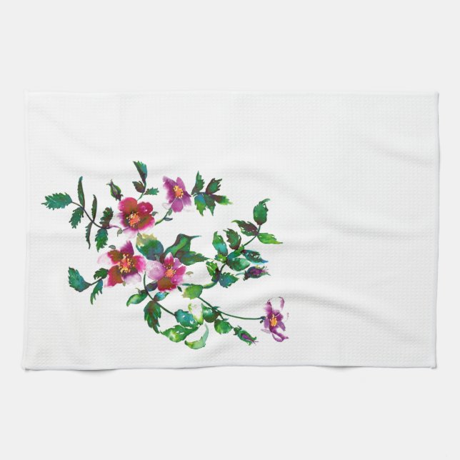 Elegant modern watercolor dark pink wildflowers tea towel (Horizontal)