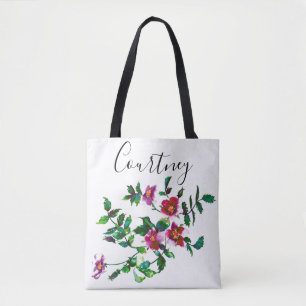 Elegant modern watercolor dark pink wildflowers tote bag