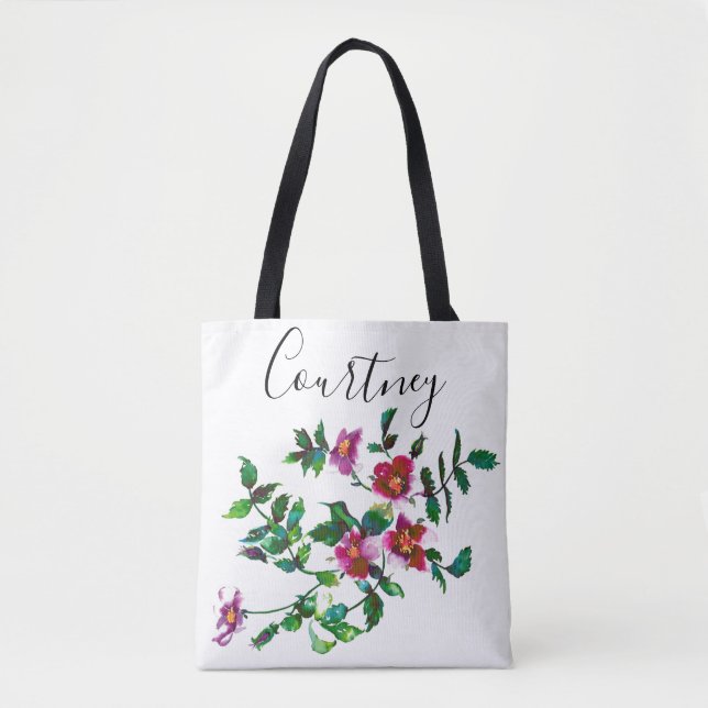 Elegant modern watercolor dark pink wildflowers tote bag (Front)