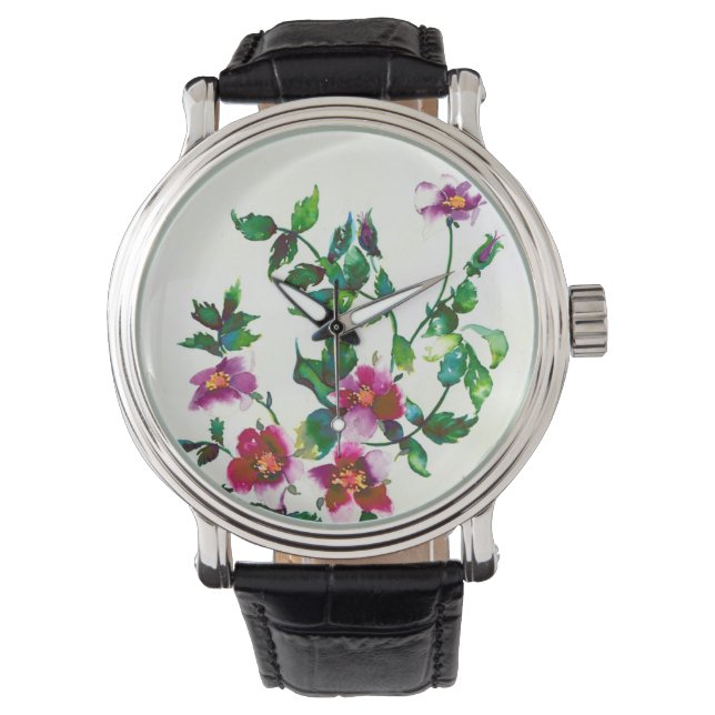 Elegant modern watercolor dark pink wildflowers watch (Front)