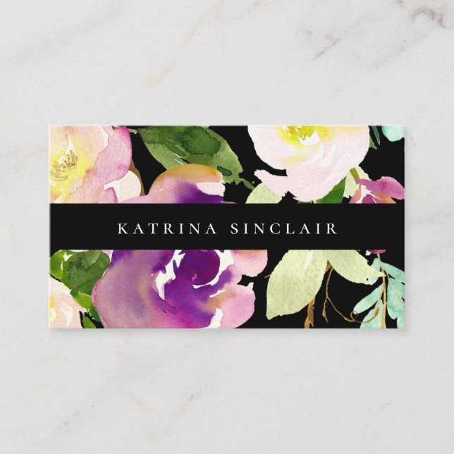 Elegant Modern Watercolor Floral Black Business Card (Front)