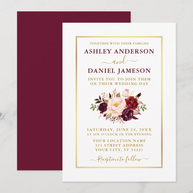 Elegant Modern Watercolor Floral Burgundy Wedding Invitation (Front/Back)