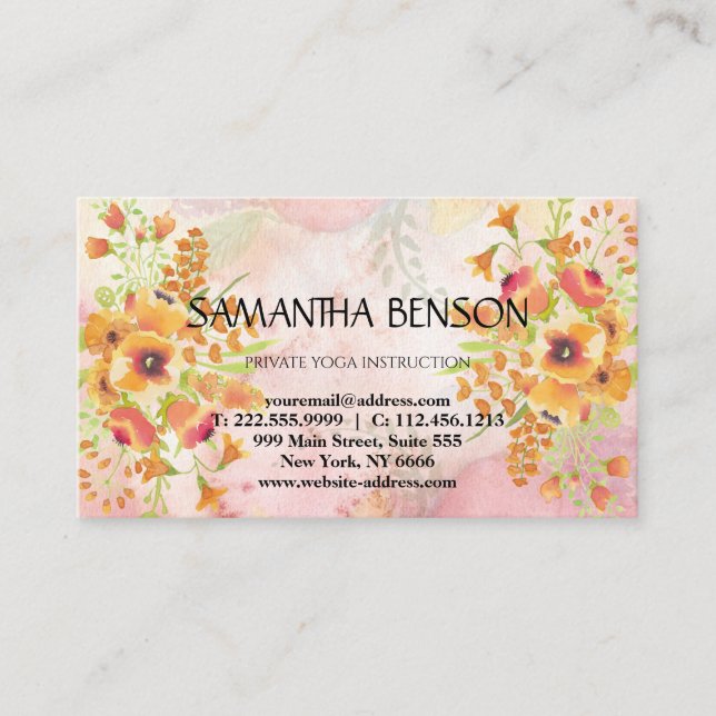 Elegant modern Watercolor floral illustration yoga Business Card (Front)