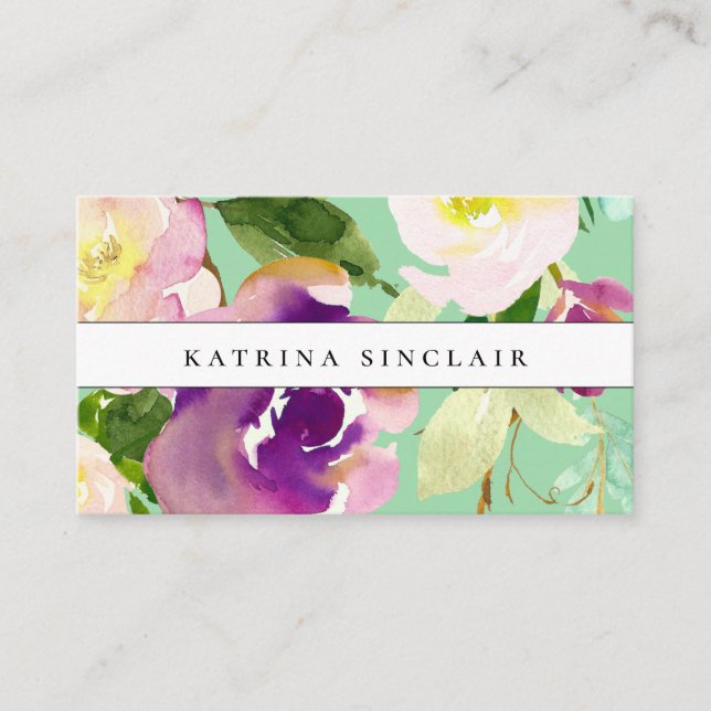 Elegant Modern Watercolor Floral Mint Business Card (Front)