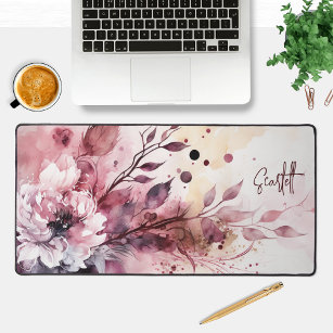 Elegant Modern Watercolor Floral Personalised Name Desk Mat
