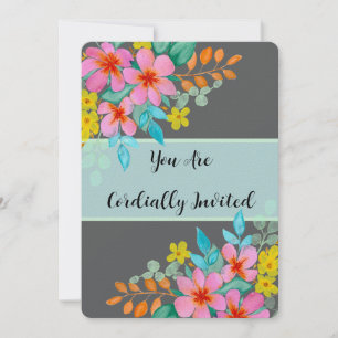 Elegant Modern Watercolor Florals on Dark Grey Invitation