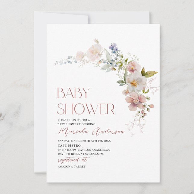 Elegant Modern  Watercolor Flowers Baby Shower Invitation (Front)
