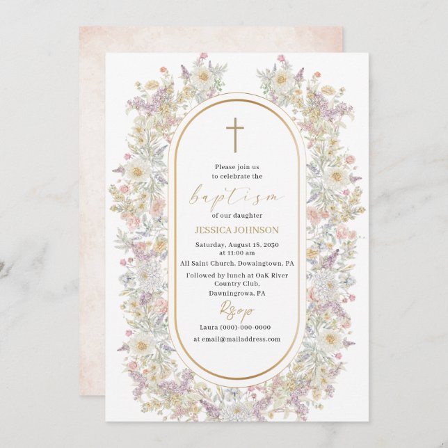 Elegant Modern Watercolor Flowers Baptism Invitation (Front/Back)