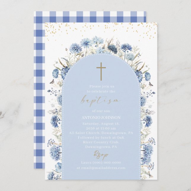 Elegant Modern Watercolor Flowers Baptism Invitation (Front/Back)