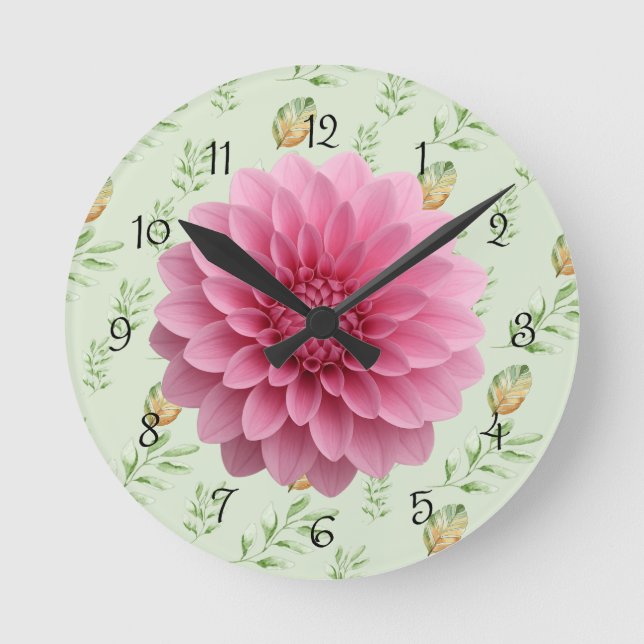 Elegant Modern Watercolor Leaves Pattern GREEN  Round Clock (Front)