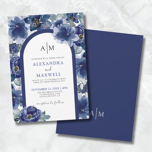 Elegant Modern Watercolor Navy Blue Floral Wedding Invitation (Elegant Modern Watercolor Navy Blue Floral Wedding Invitation)