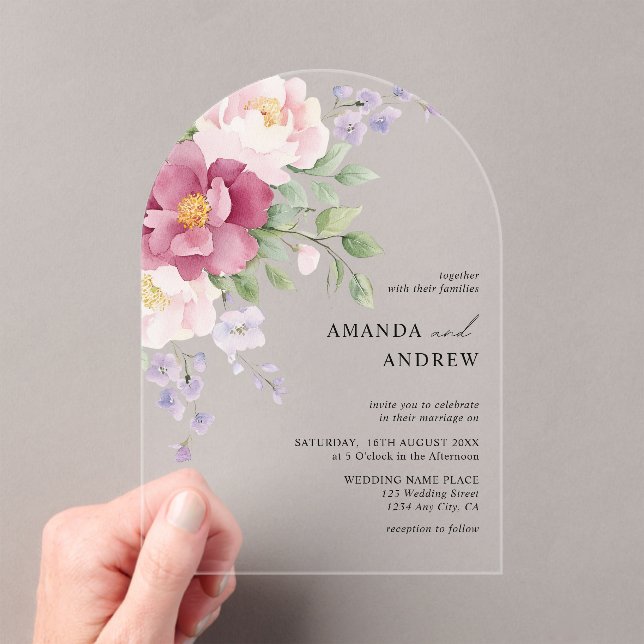  Elegant Modern Watercolor Peonies Wedding Acrylic Invitations (Insitu (Handheld))