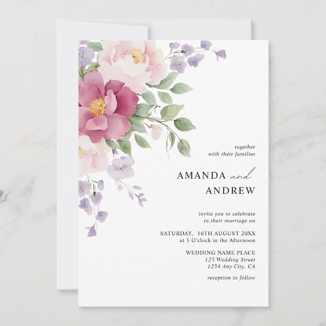  Elegant Modern Watercolor Peonies Wedding Invitation (Front)