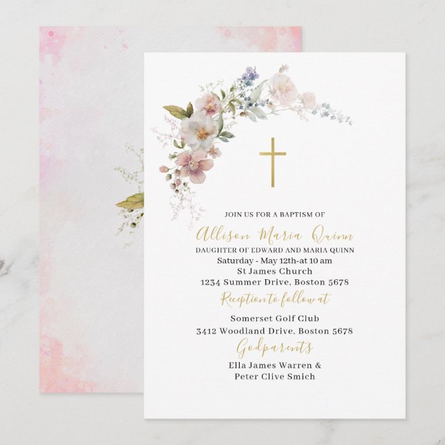 Elegant Modern Watercolor Pink Floral Baptism Invitation (Front/Back)
