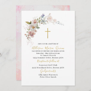 Elegant Modern Watercolor Pink Floral Baptism Invitation