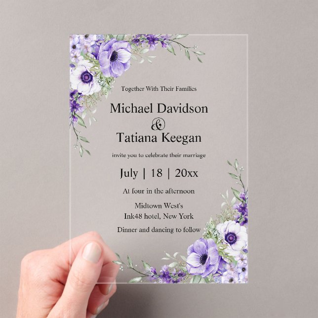 elegant modern watercolor purple floral wedding  acrylic invitations (Insitu (Handheld))