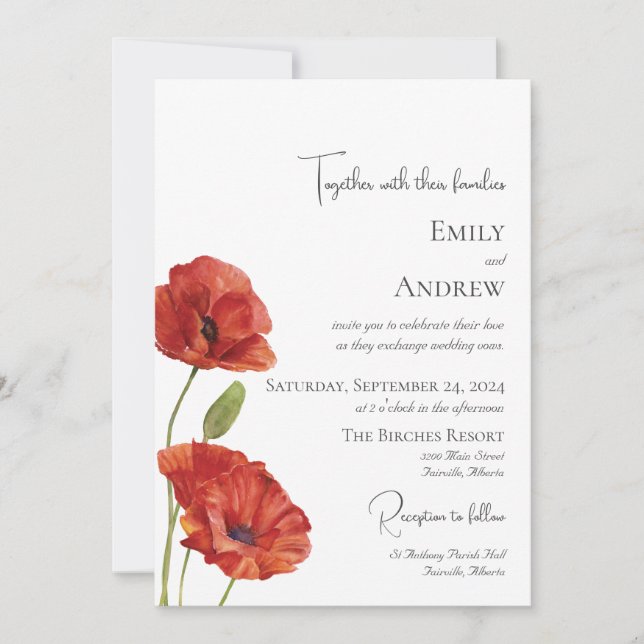 Elegant Modern Watercolor Red Poppies Wedding Invitation (Front)