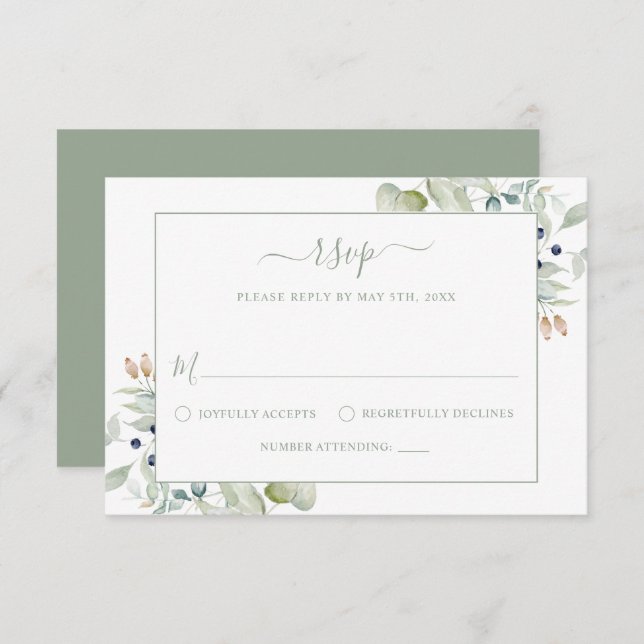 Elegant Modern Watercolor Sage Botanical Wedding R RSVP Card (Front/Back)