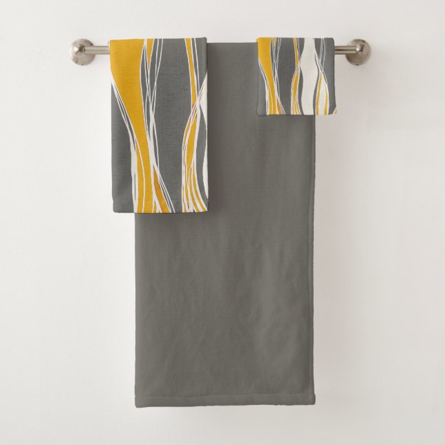 Elegant, modern, waves, lines, light grey, yellow bath towel set (Insitu)