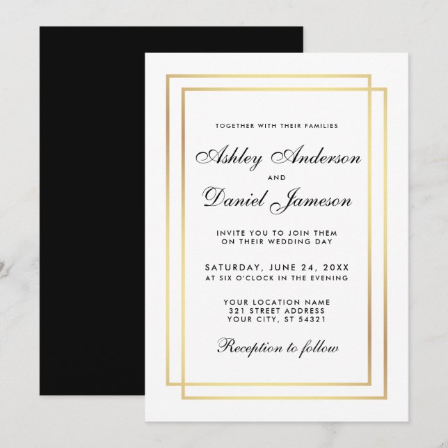 Elegant Modern Wedding Black White Gold Invitation (Front/Back)