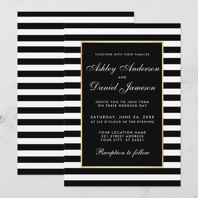 Elegant Modern Wedding Black White Striped Invite (Front/Back)