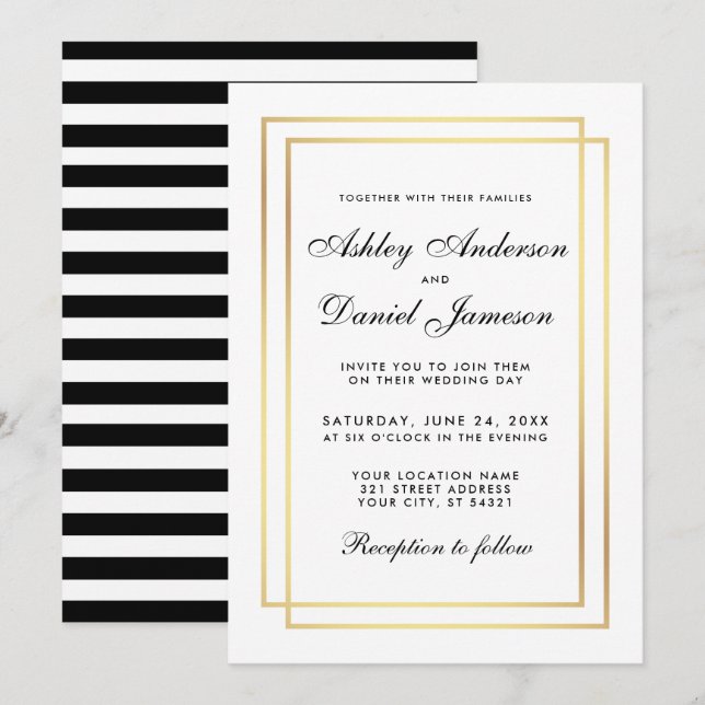 Elegant Modern Wedding Black White Striped Invite (Front/Back)