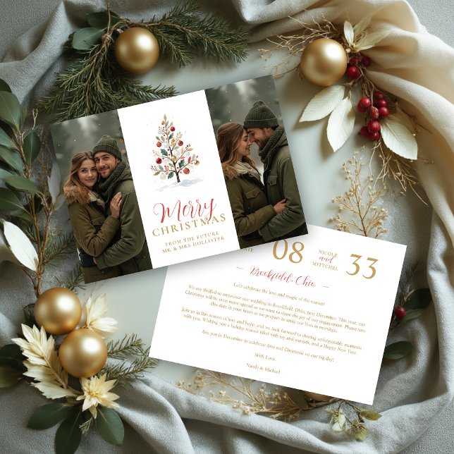 Elegant Modern Wedding Christmas Tree 2-Photos  Save The Date (Elegant Modern Wedding Christmas Tree 2-Photos in Red and Faux Gold Holiday Cards Save the Date Card)
