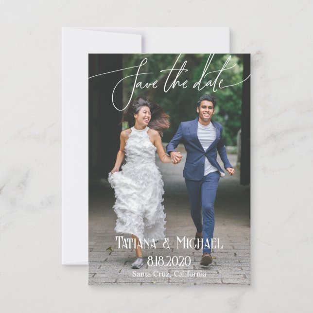 Elegant modern wedding day photo script budget save the date (Front)