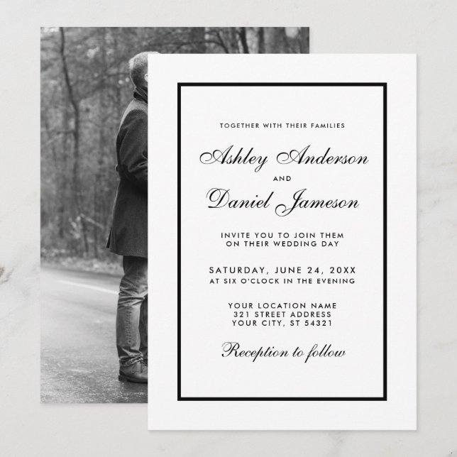 Elegant Modern Wedding Invite Black & White Photo (Front/Back)