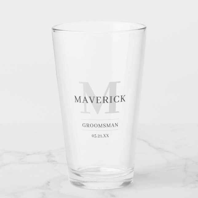 Elegant Modern Wedding Monogram Groomsmen Beer  Glass (Front)