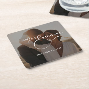 Elegant Modern Wedding Photo Square Paper Coaster