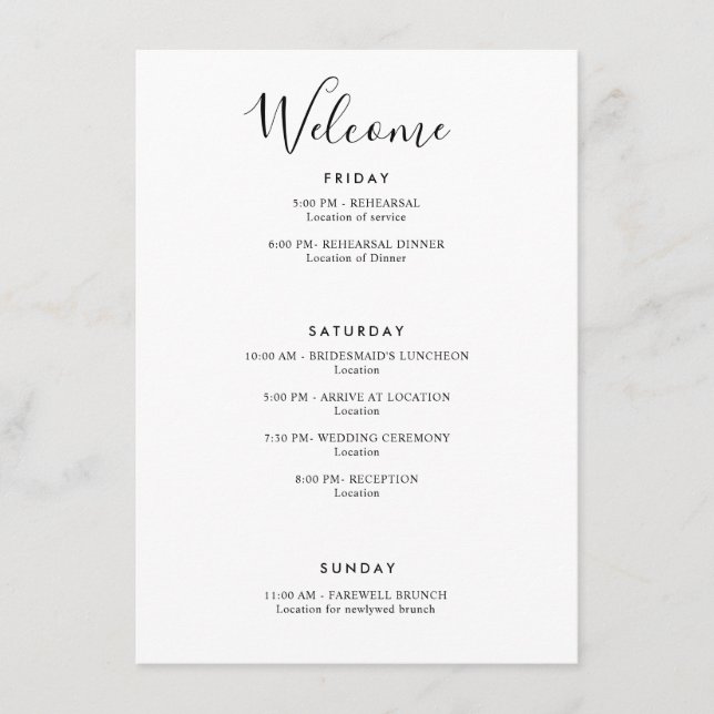 Elegant Modern Welcome Itinerary White with Thanks Enclosure Card (Front)