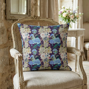 Elegant Modern Whimsical Floral Stripes Purple Cushion