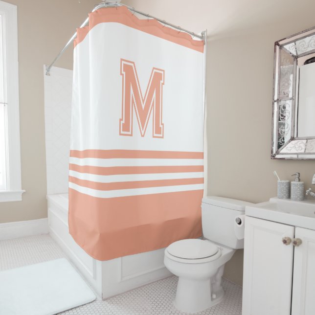 Elegant Modern  Whit& Peach Initial Monogram Shower Curtain (In Situ)