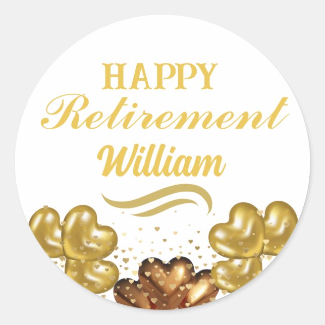 Elegant Modern White and gold Happy Retirement  Classic Round Sticker (Front)
