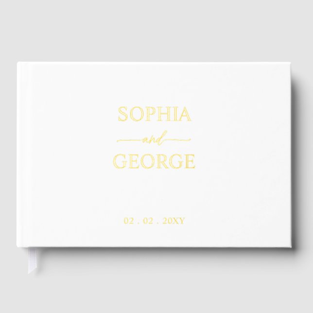 Elegant Modern White and Gold Wedding Guest Book (Front)