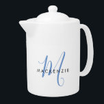 Elegant Modern White Blue Script Monogram<br><div class="desc">Elegant Modern White Blue Script Monogram teapot.  An elegant blue script monogram combined with a clean black san-serif font makes for a contemporary look.</div>