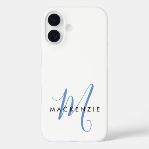 Elegant Modern White Blue Script Monogram iPhone 16 Case